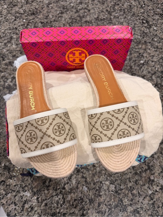 Tory Burch Shoes - Tory Burch Beige Logo Canvas Slide Sandals